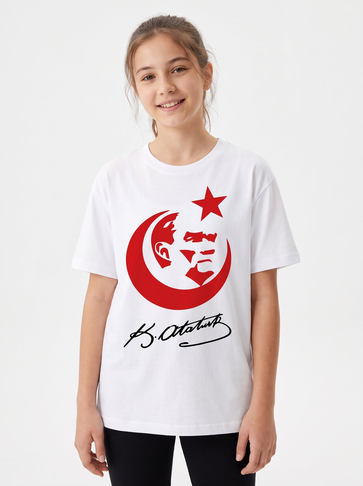 Atatürk Ay Yıldız ve İmza Baskılı Beyaz Tişört